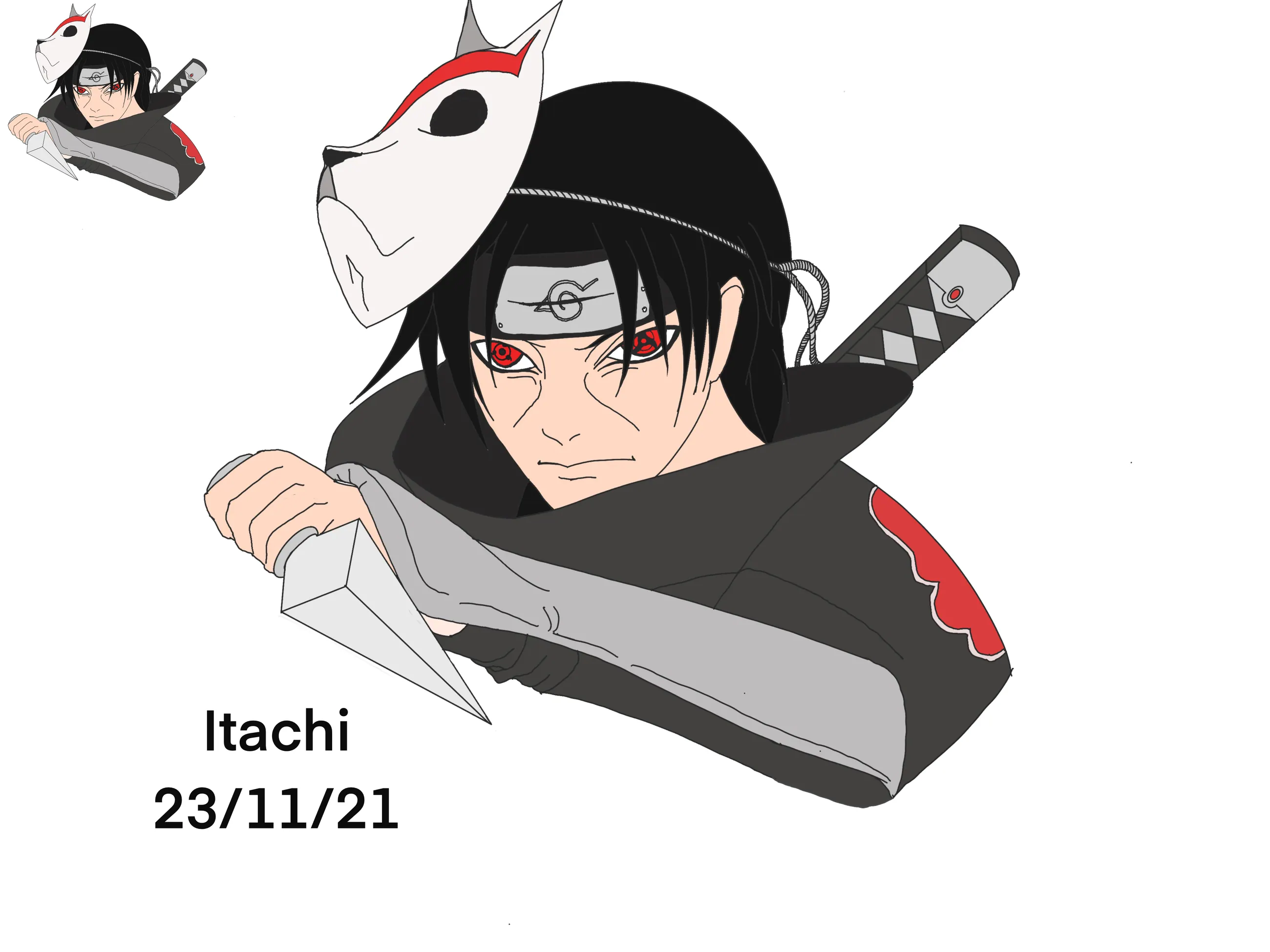 Digital drawing on Procreate of Itachi Uchiha from Naruto: a dark-haired young man in a headband and a hooded cloak, a white mask on his shoulder, lettered “Itachi 23/11/21”.