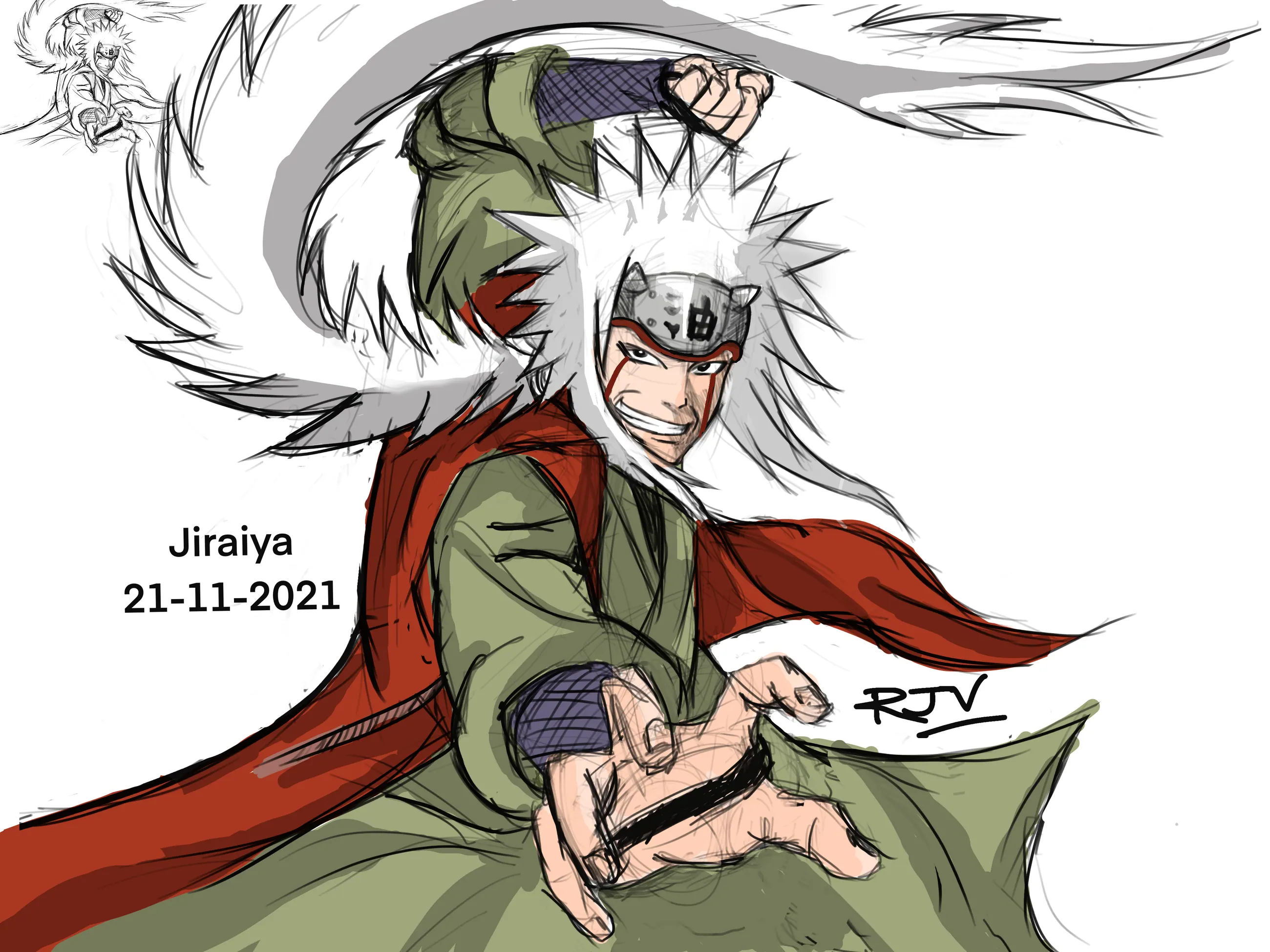Digital drawing on Procreate of Jiraiya from Naruto: a white-haired man in a green robe and red cloak, arm outstretched, lettered “Jiraiya 21-11-2021”.