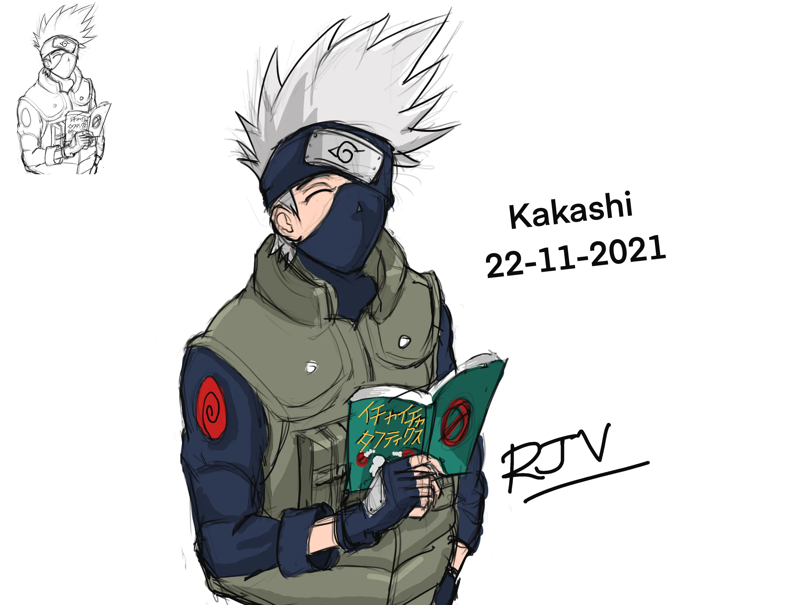 Digital drawing on Procreate of Kakashi Hatake from Naruto: a masked, silver-haired man in a flak vest reading a green book, lettered “Kakashi 22-11-2021”.