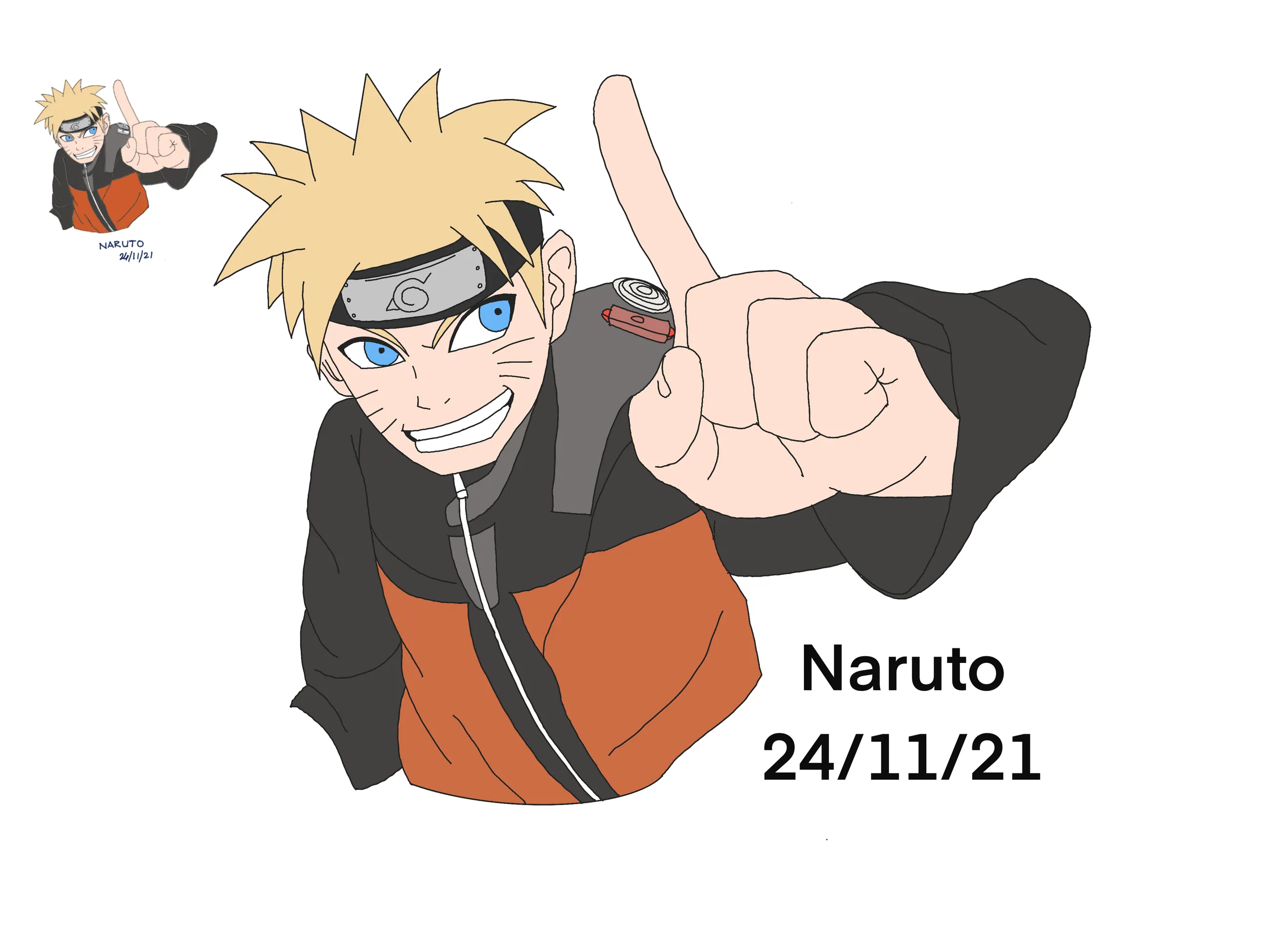 Digital drawing on Procreate of Naruto Uzumaki from Naruto: a grinning blond boy in a headband and orange jacket pointing at the viewer, lettered “Naruto 24/11/21”.