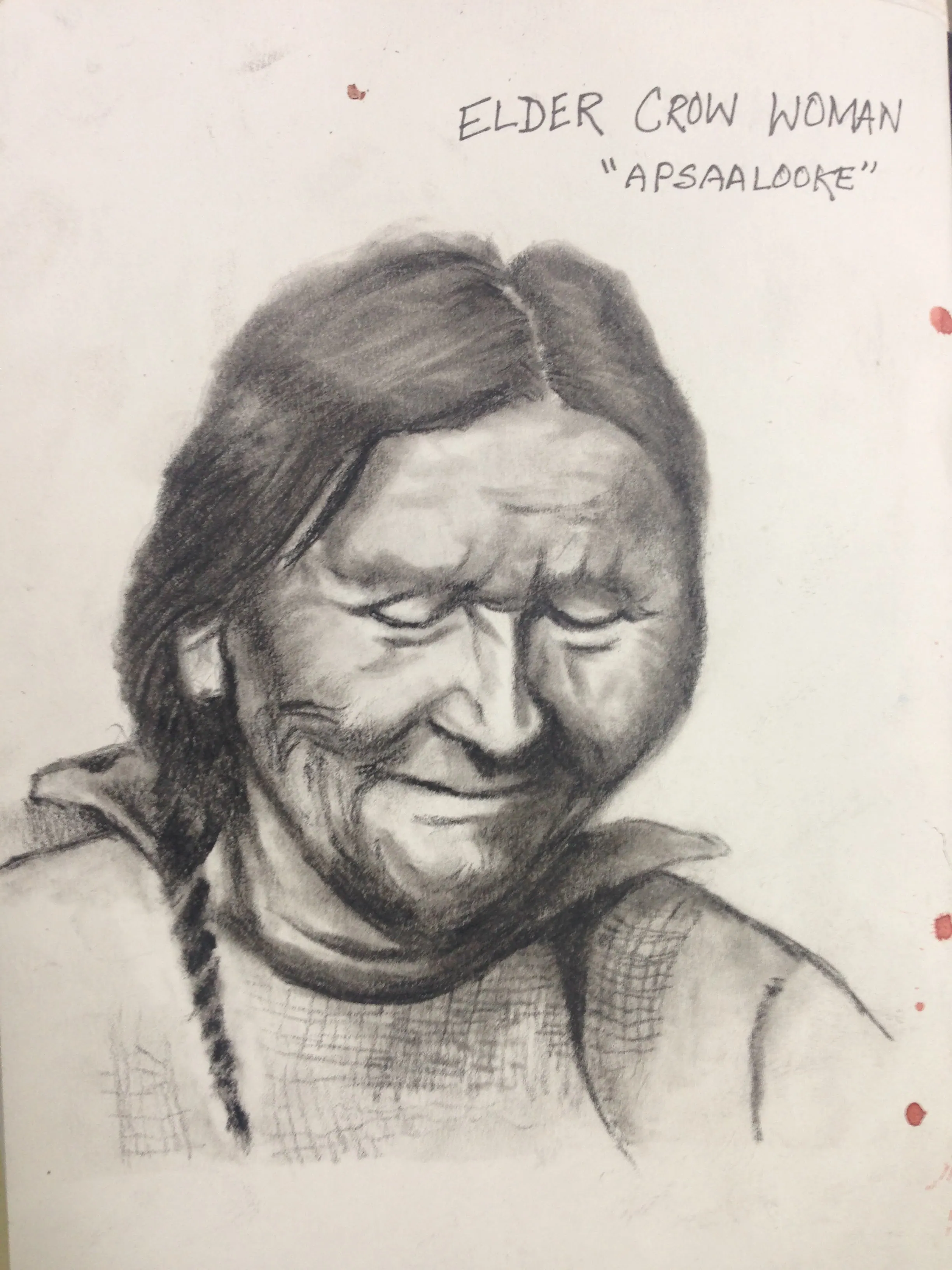 Charcoal pencil drawing of an elderly Crow woman with a centre parting and one long braid, eyes cast down. Lettered above: “Elder Crow Woman” and “Apsaalooke”.