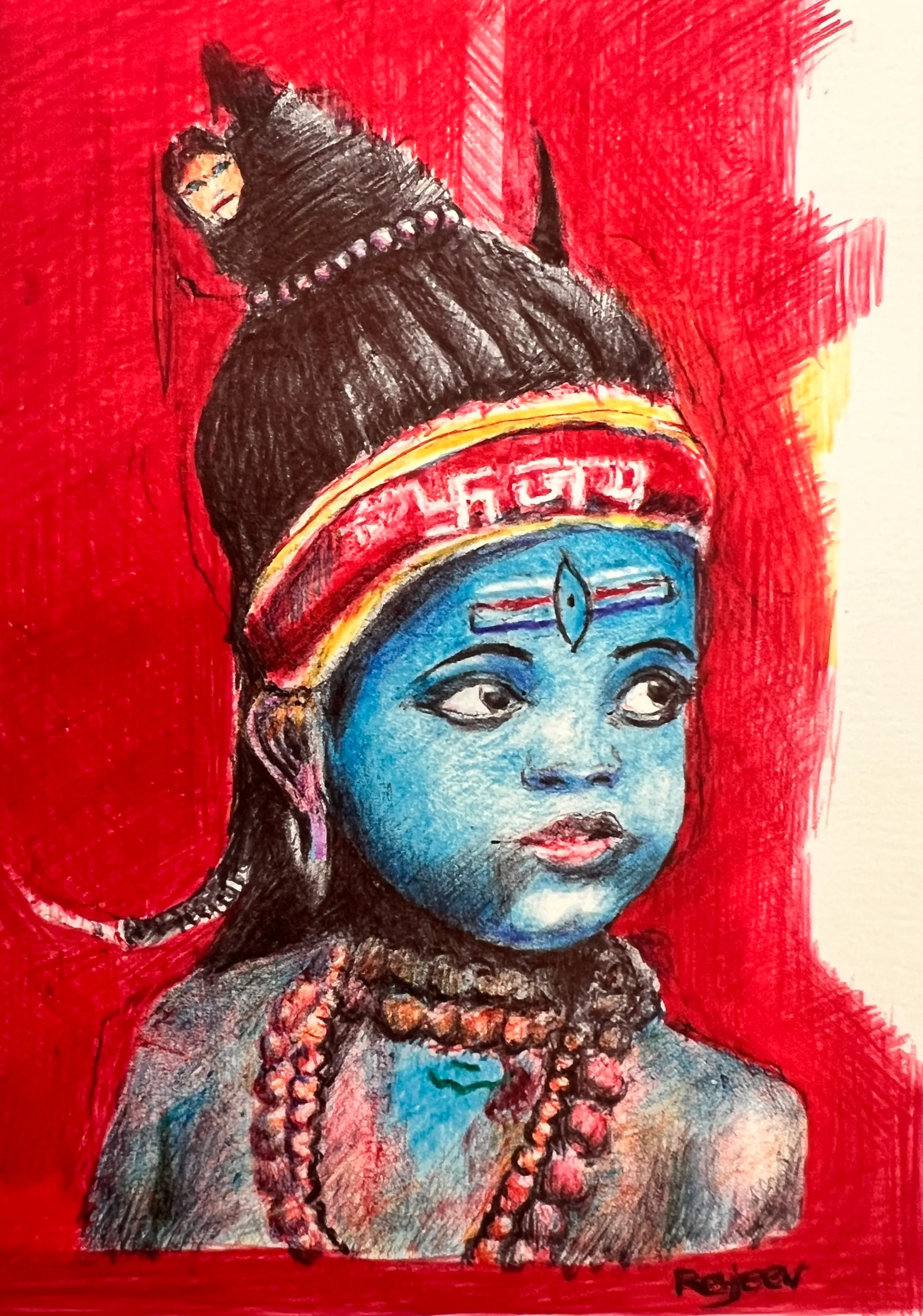 Ballpen drawing captioned “Everyone is Shiva”: a blue-skinned child with a third-eye mark and a lettered red headband, hair in a tall topknot with a small face in it, beaded necklaces, against a saturated red background.