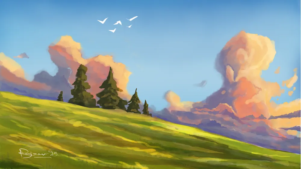 Green hills under piled clouds