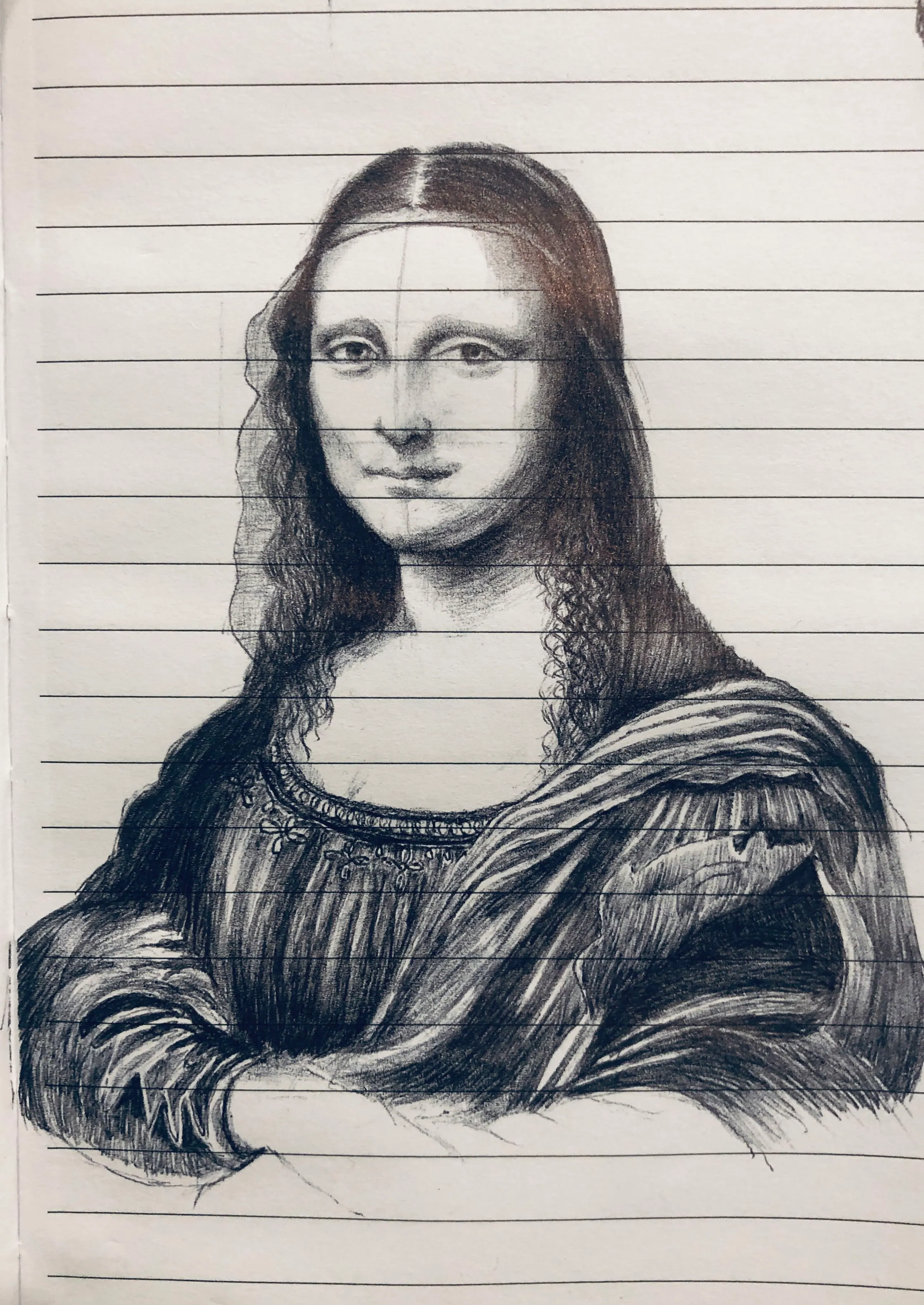 Ballpen master copy of the Mona Lisa, after Leonardo da Vinci: a woman with long centre-parted hair and folded hands in a draped dress, drawn across the printed lines of a notebook page.