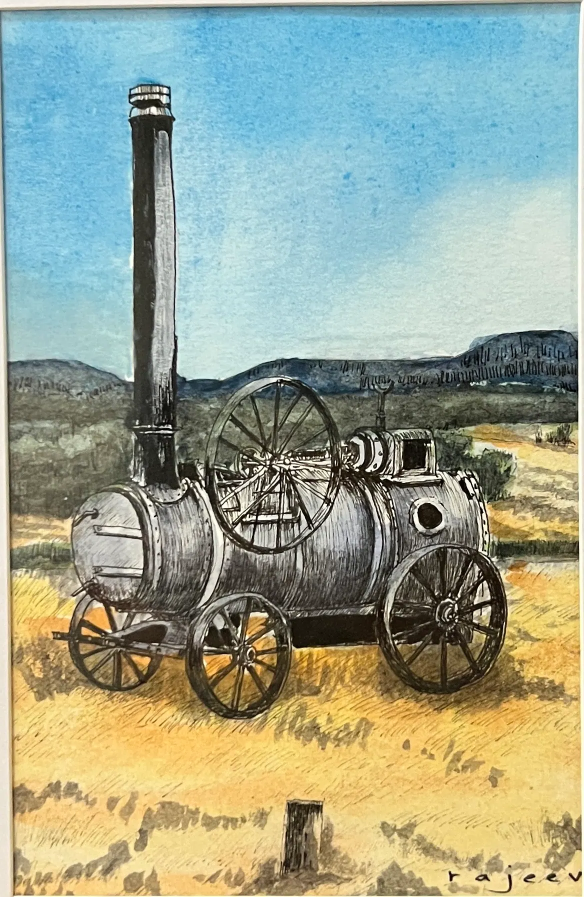 Pen and wash landscape of a steam traction engine with a tall chimney standing in a golden field under a blue sky.