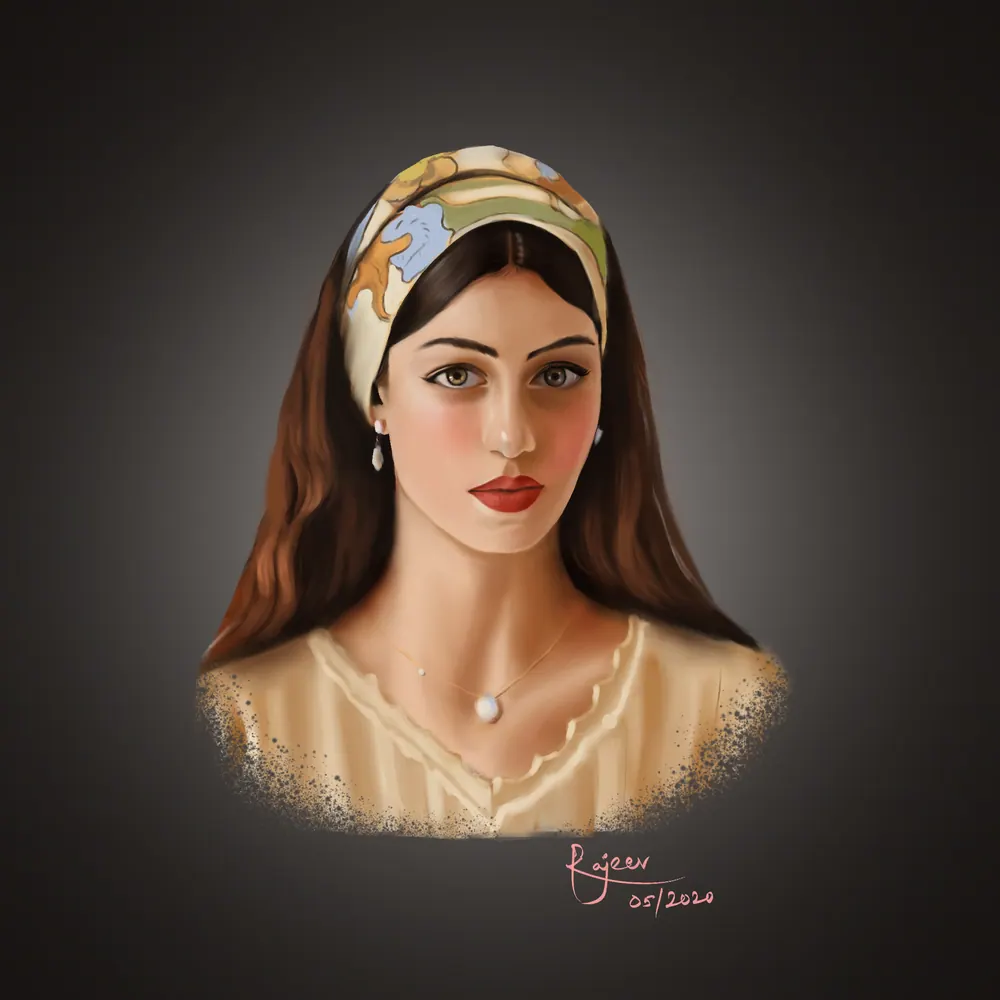 Portrait of a woman in a patterned headscarf