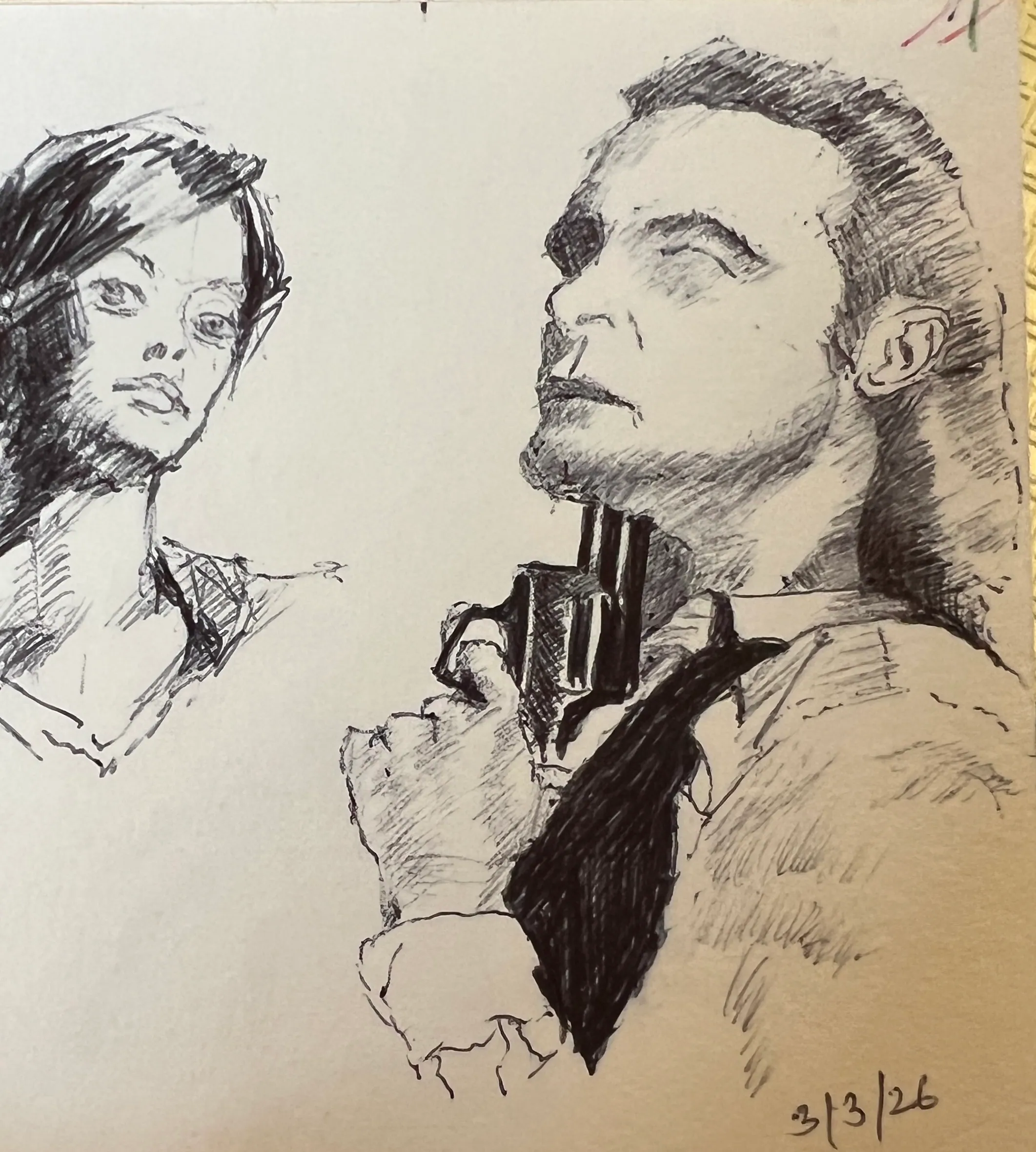 Sketchbook page in ballpen: a man tilting his head back with a revolver at his throat, and a woman’s face at the left edge. Dated 3/3/26.