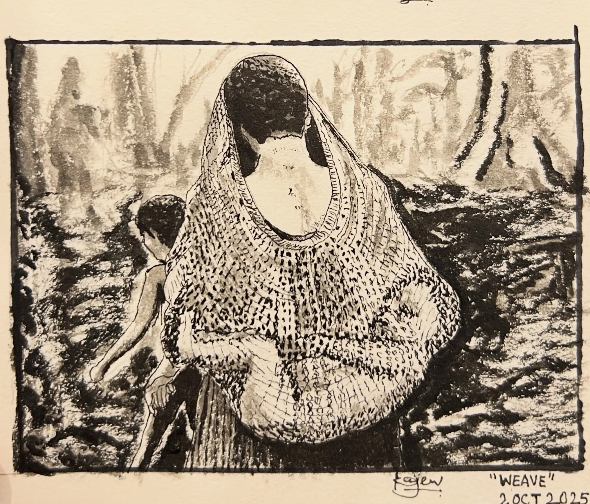 Micron pen drawing of a figure wrapped from head to hip in a loosely knitted shawl, the face left blank, standing in a dark textured landscape with a small second figure behind. Inscribed “Weave”, 2 Oct 2025, for Inktober 2025.