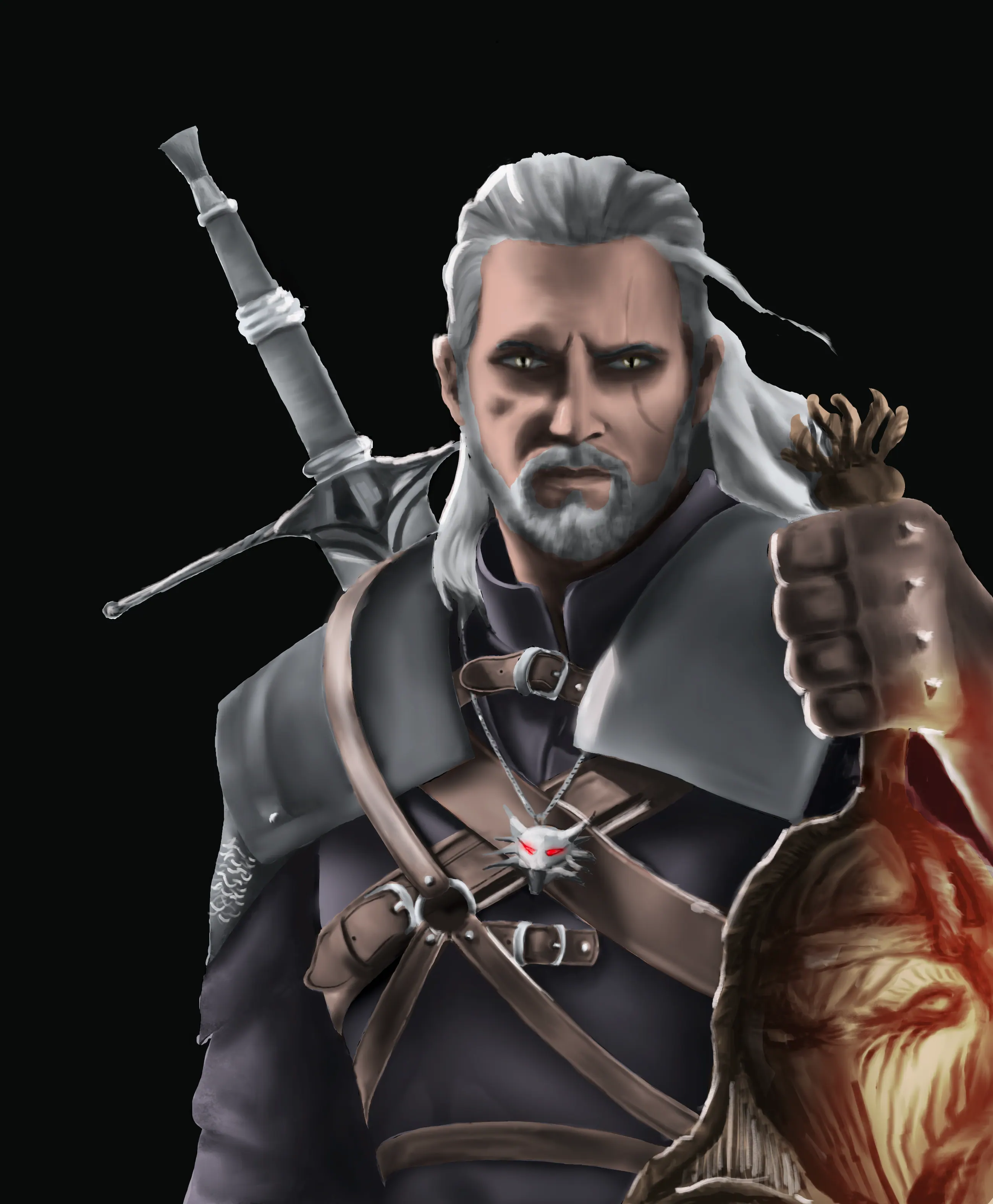 Digital painting on Procreate of Geralt of Rivia from The Witcher: a white-haired man in dark leather armour with two sword hilts over his shoulder, green eyes, one fist raised, a red-lit monstrous face at the lower right, on black.