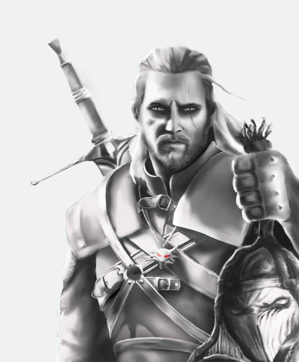 The same painting of Geralt of Rivia in greys only, on a pale ground.