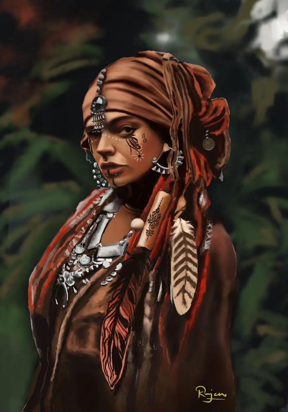 Woman in a feathered headwrap