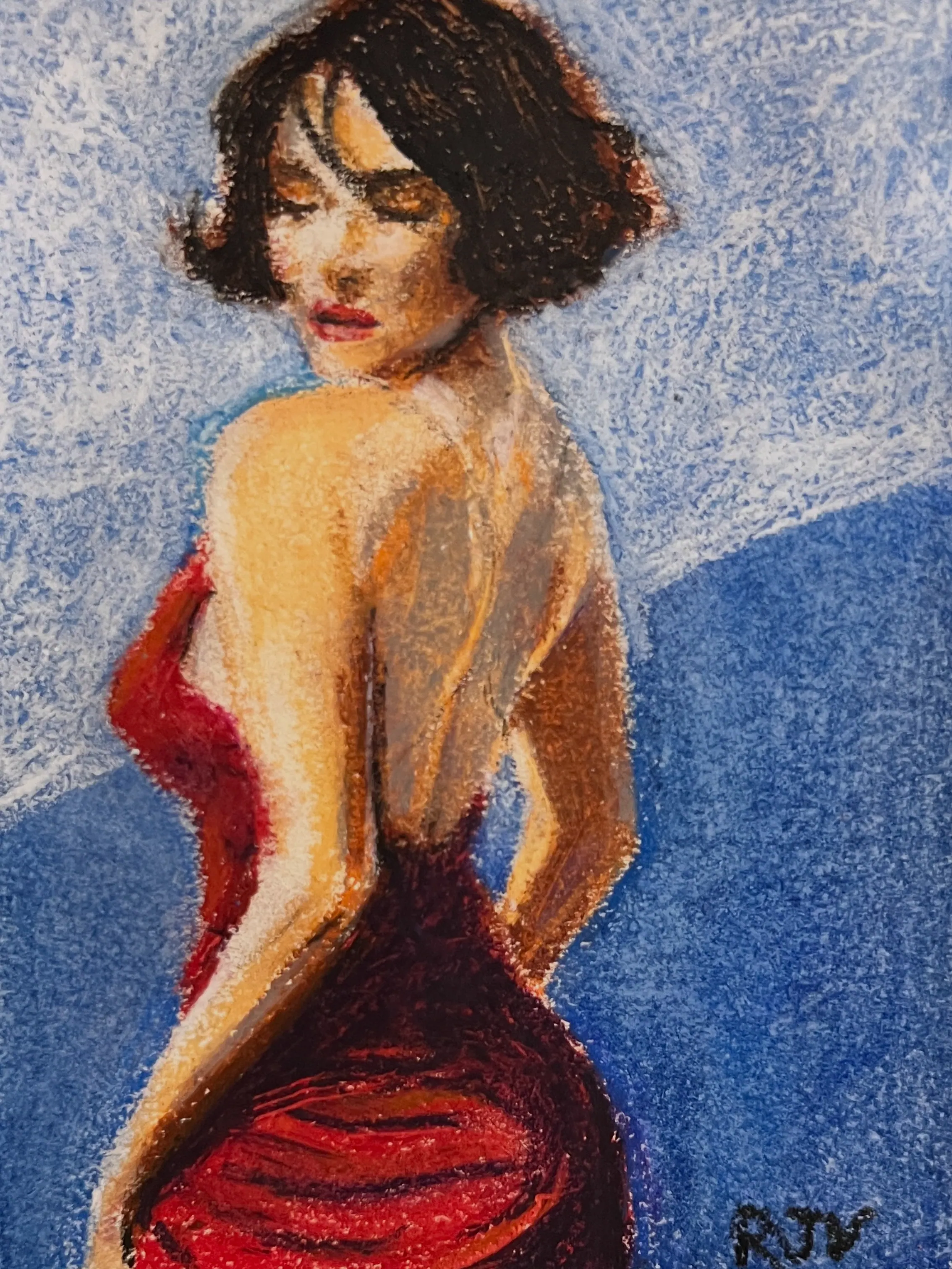Oil pastel drawing of a woman with a short dark bob looking back over her bare shoulder, in a red dress against a blue ground. Initials RJV at the lower right.