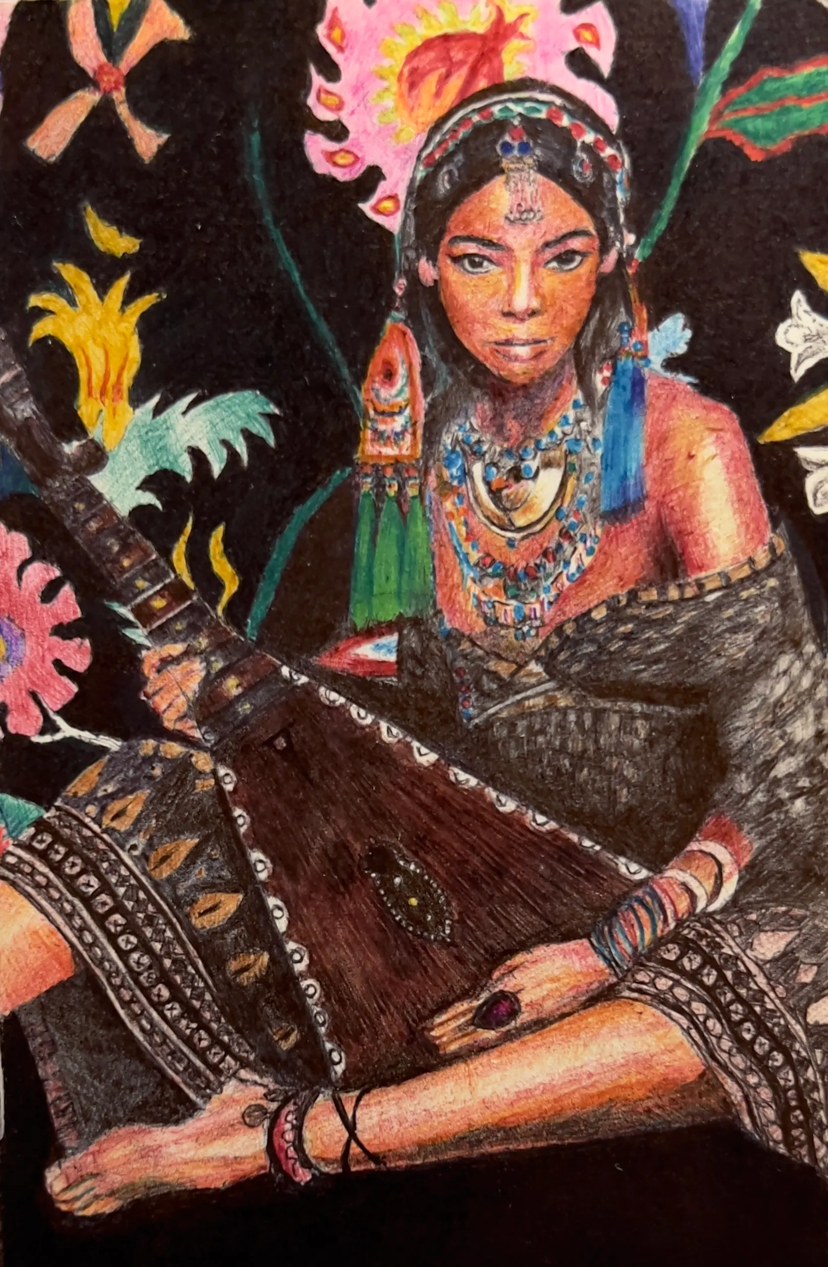 Ballpen drawing of a seated woman with a jewelled headdress and layered necklaces holding a large stringed instrument, surrounded by bright flowers on a black ground.